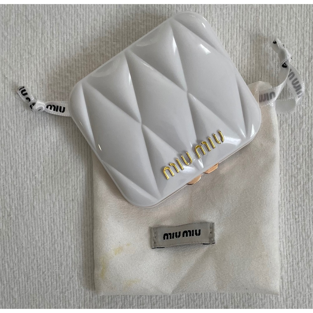 Miu Miu White Quilted Matelasse Compact Mirror Gold Logo with Dust Bag